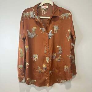 MAZIK Women's Leopard Print Button Down Long Sleeve Blouse Top, Sz S